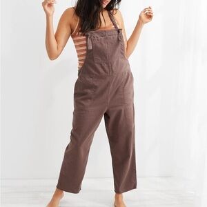 Aerie Work & Play Twill Brown Frayed Hem Ankle Jumpsuit Overalls XS